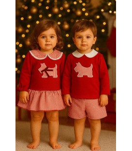 conjunto perro schnaucer cuadro vichy rojo